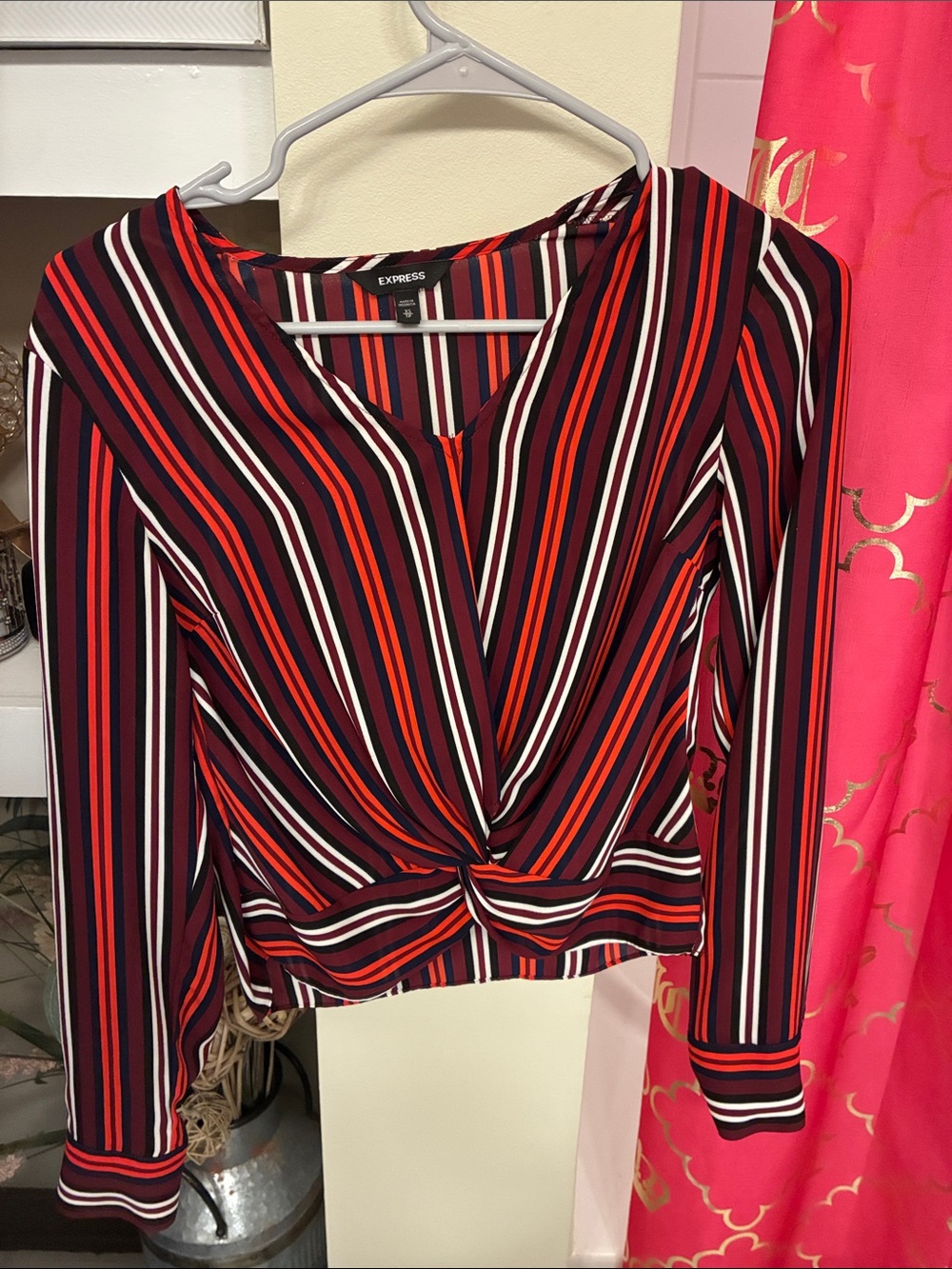 Express Striped Twist-Front Long Sleeve Top in Red, Black & White